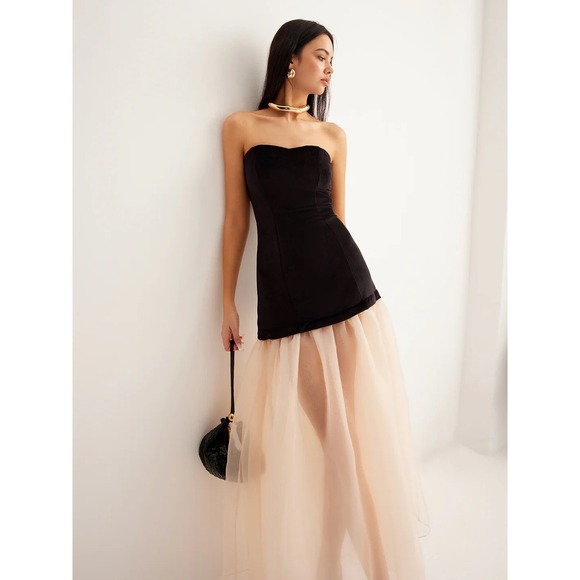 Commense Dresses & Skirts - Commense Black Velvet Strapless Tulle Overlay Cocktail Evening Dress Size M